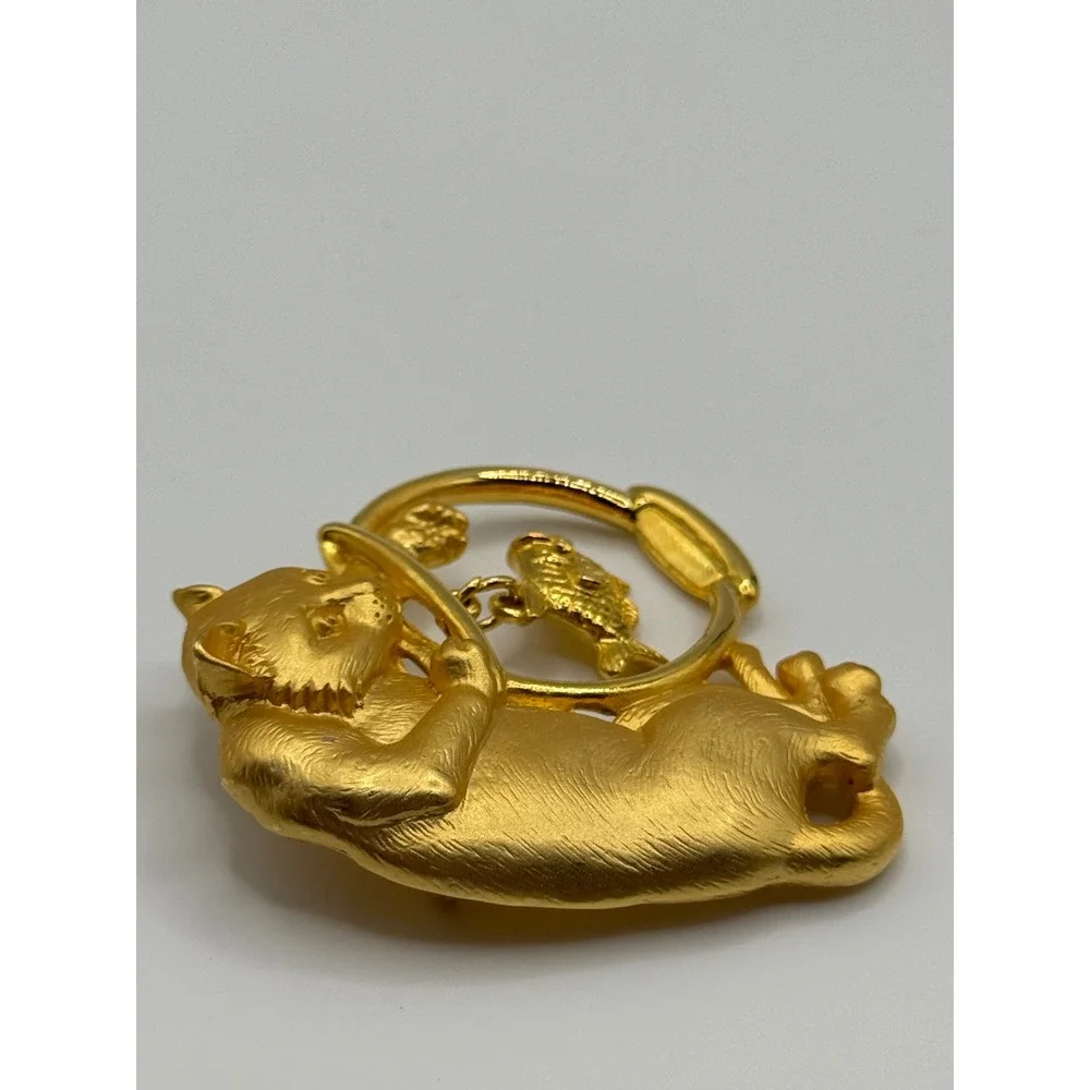 Vintage JJ Jonette Cat Fishbowl Brooch Gold Tone Pin